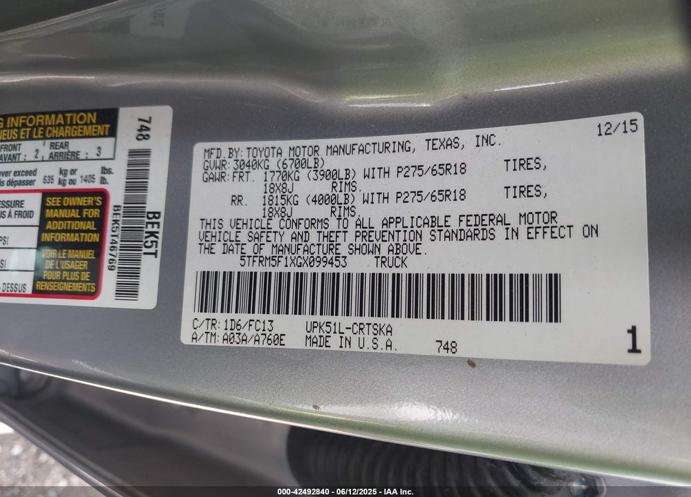 2016 TOYOTA TUNDRA SR5 4.6L V8 VIN: 5TFRM5F1XGX099453