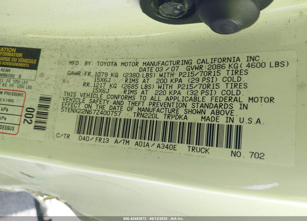 2007 TOYOTA TACOMA VIN: 5TENX22N67Z400757