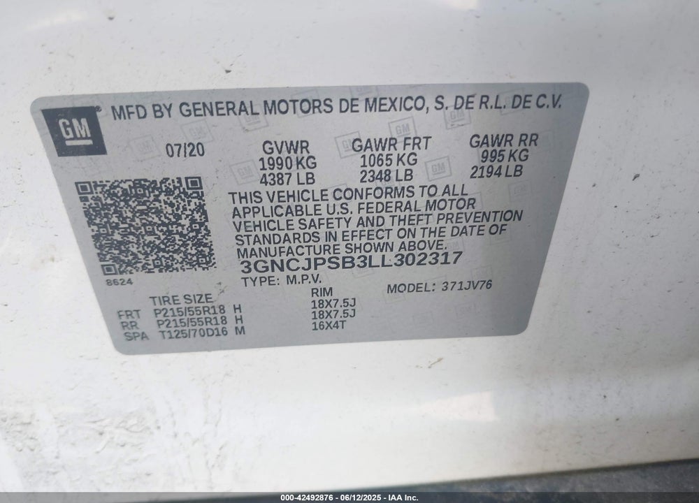 2020 CHEVROLET TRAX VIN: 3GNCJPSB3LL302317