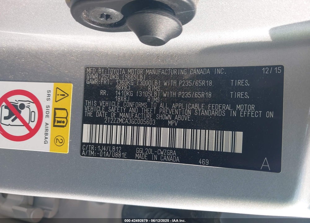 2016 LEXUS RX350 VIN: 2T2ZZMCA3GC005603
