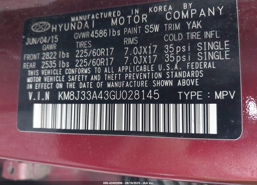 2016 HYUNDAI TUCSON VIN: KM8J33A43GU028145