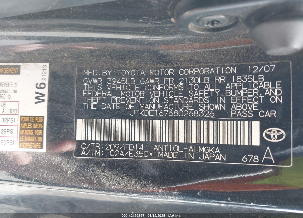 2008 SCION TC VIN: JTKDE167680268326