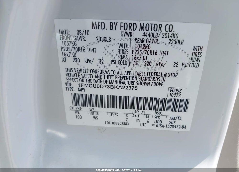 2011 FORD ESCAPE VIN: 1FMCU0D73BKA22375