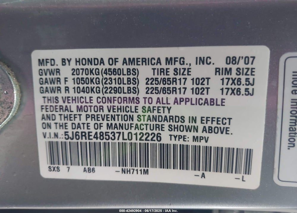 2007 HONDA CR-V EX VIN: 5J6RE48537L012226