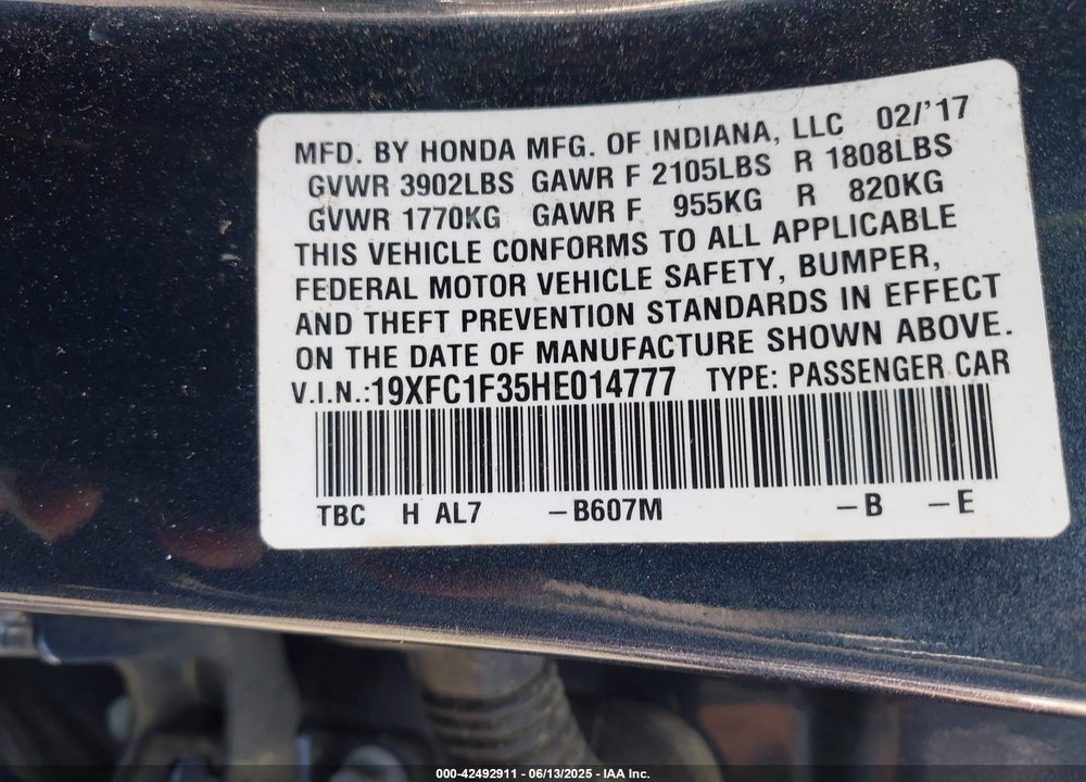 2017 HONDA CIVIC VIN: 19XFC1F35HE014777