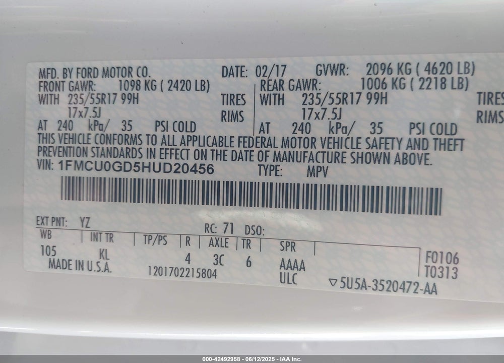 2017 FORD ESCAPE VIN: 1FMCU0GD5HUD20456