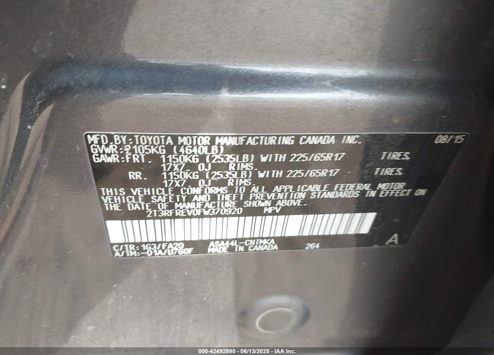 2015 TOYOTA RAV4 VIN: 2T3RFREV0FW370920