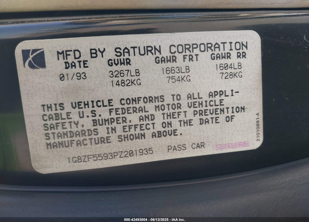 1993 SATURN SL VIN: 1G8ZF5593PZ201935