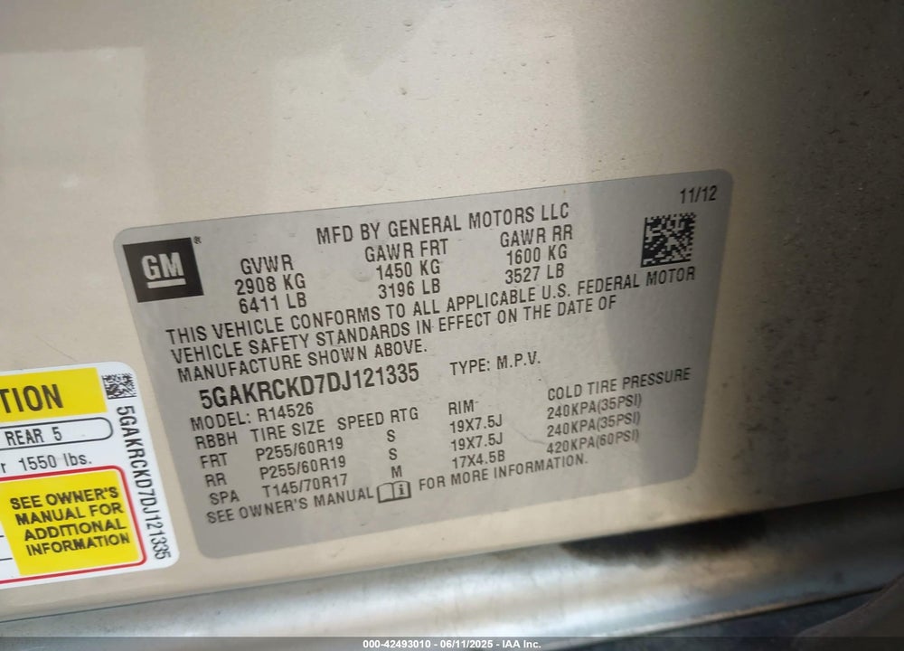 2013 BUICK ENCLAVE LEATHER VIN: 5GAKRCKD7DJ121335