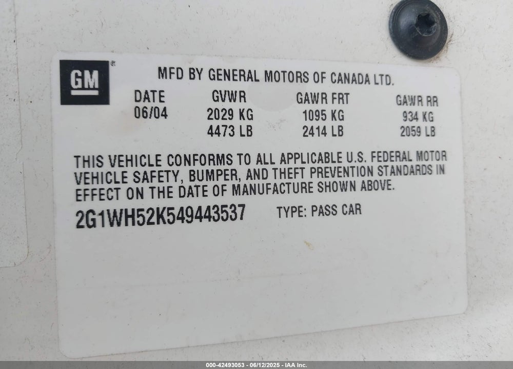 2004 CHEVROLET IMPALA LS VIN: 2G1WH52K549443537
