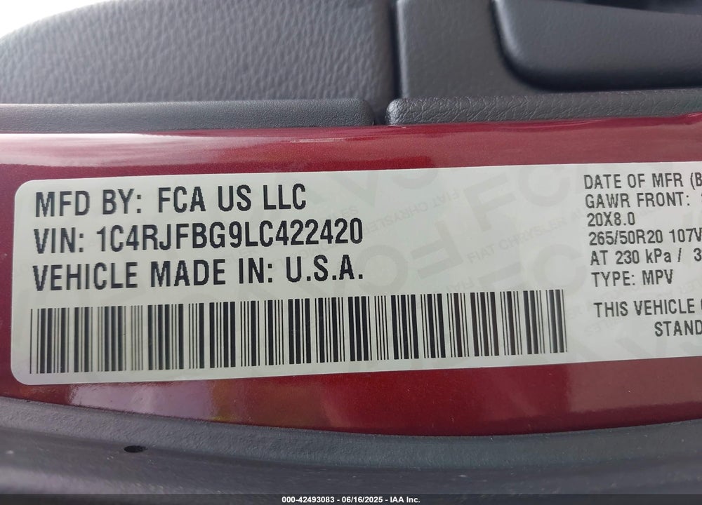 2020 JEEP GRAND CHEROKEE VIN: 1C4RJFBG9LC422420