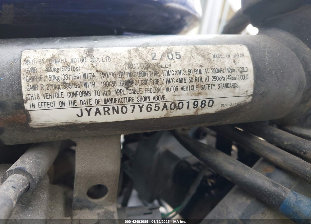 2005 YAMAHA FZS10 VIN: JYARN07Y65A001980