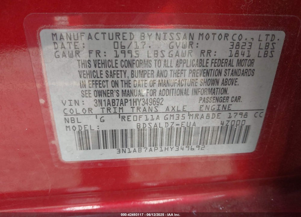2017 NISSAN SENTRA SV VIN: 3N1AB7AP1HY349692