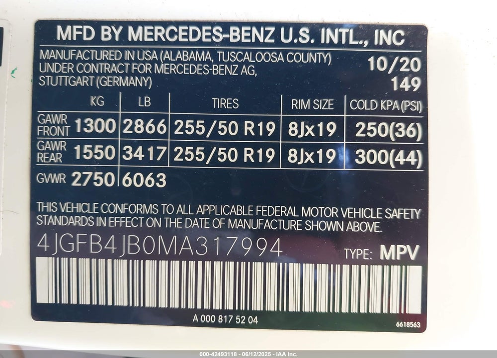 2021 MERCEDES-BENZ GLE CLASS VIN: 4JGFB4JB0MA317994