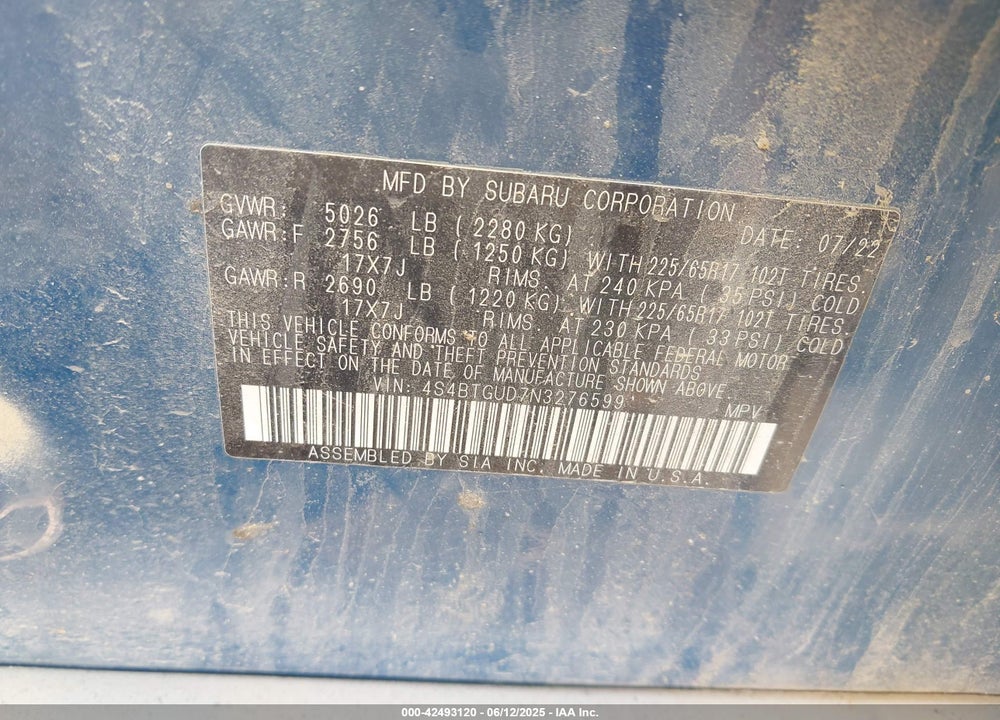 2022 SUBARU OUTBACK VIN: 4S4BTGUD7N3276599