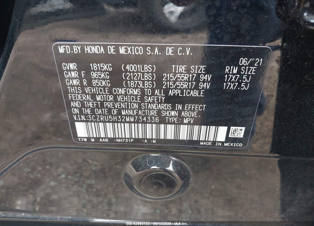 2021 HONDA HR-V 2WD LX VIN: 3CZRU5H32MM734336