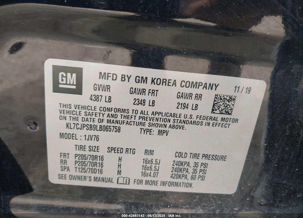 2020 CHEVROLET TRAX VIN: KL7CJPSB9LB065758