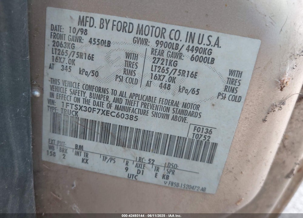 1999 FORD F350 SRW SUPER DUTY VIN: 1FTSX30F7XEC60385