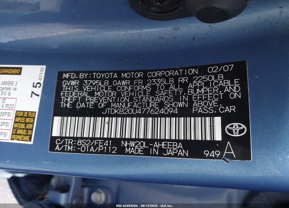 2007 TOYOTA PRIUS VIN: JTDKB20U477624094