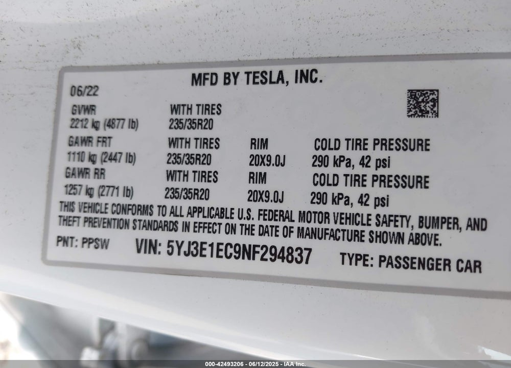 2022 TESLA MODEL 3 VIN: 5YJ3E1EC9NF294837