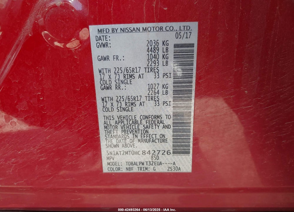2017 NISSAN ROGUE VIN: 5N1AT2MT0HC842726