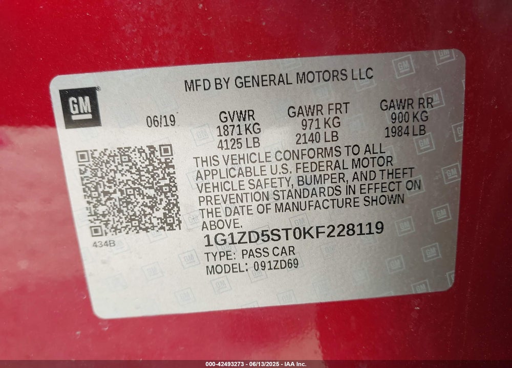 2019 CHEVROLET MALIBU VIN: 1G1ZD5ST0KF228119