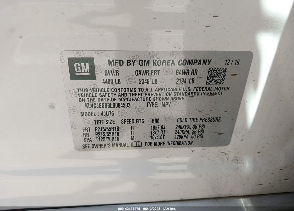 2020 BUICK ENCORE VIN: KL4CJESB3LB084503