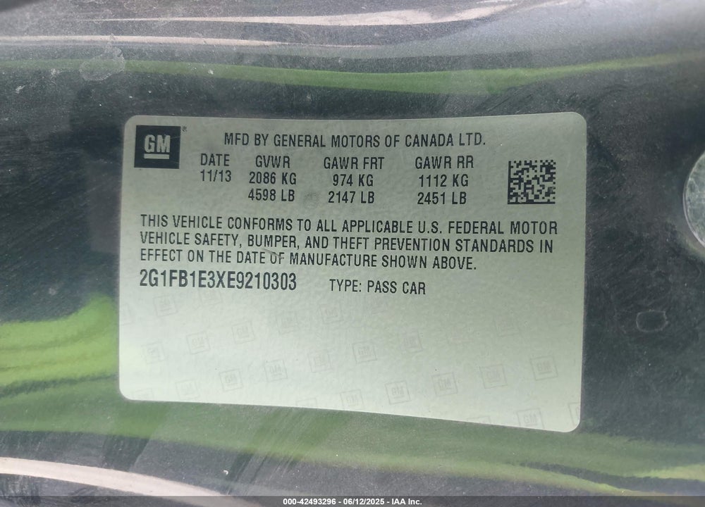 2014 CHEVROLET CAMARO VIN: 2G1FB1E3XE9210303
