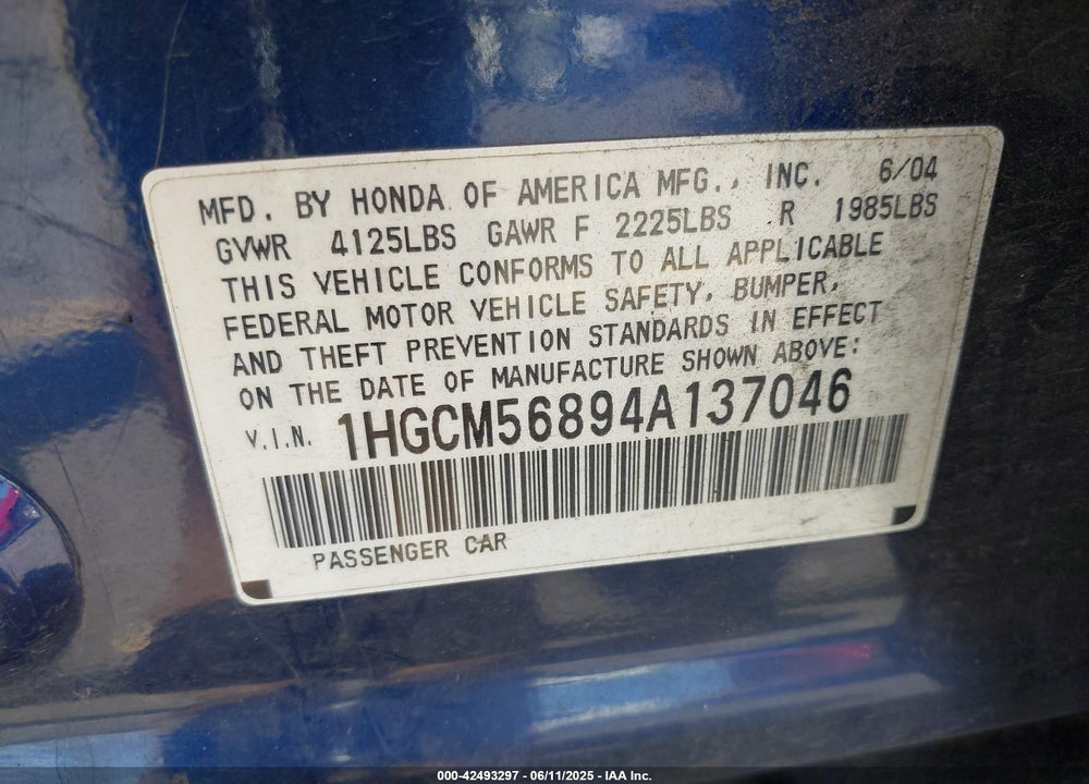 2004 HONDA ACCORD 2.4 EX VIN: 1HGCM56894A137046