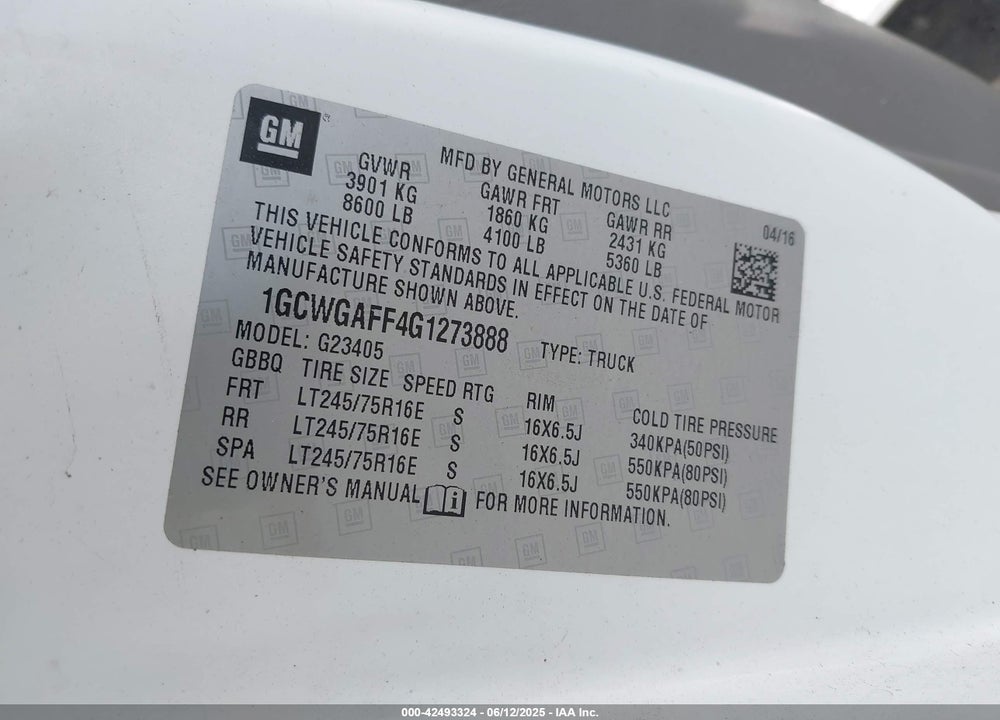 2016 CHEVROLET EXPRESS 2500 WORK VAN VIN: 1GCWGAFF4G1273888