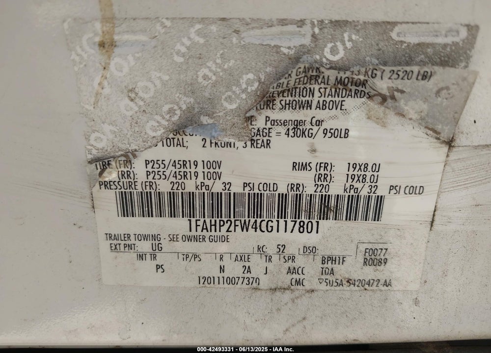2012 FORD TAURUS VIN: 1FAHP2FW4CG117801
