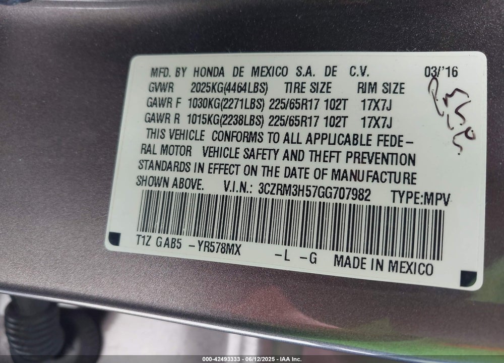 2016 HONDA CR-V EX VIN: 3CZRM3H57GG707982