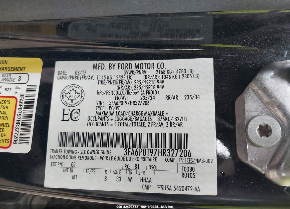 2017 FORD FUSION VIN: 3FA6P0T97HR327206