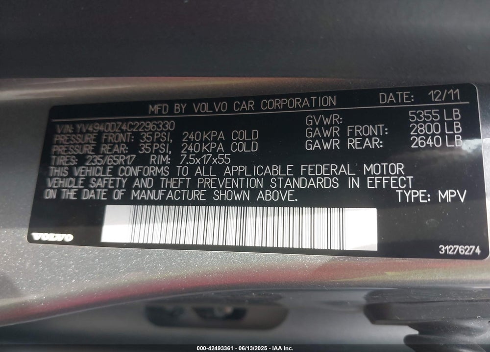2012 VOLVO XC60 VIN: YV4940DZ4C2296330