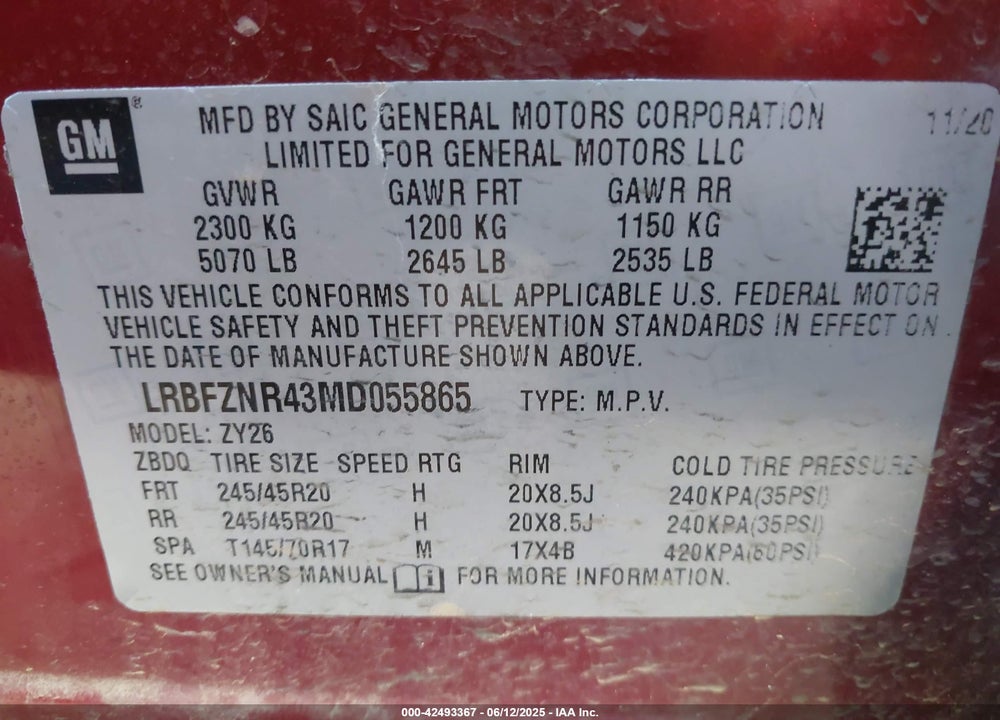 2021 BUICK ENVISION VIN: LRBFZNR43MD055865