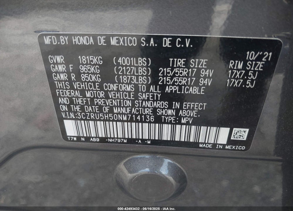 2022 HONDA HR-V VIN: 3CZRU5H50NM714136