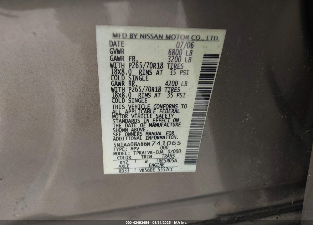 2006 NISSAN ARMADA LE VIN: 5N1AA08A86N741065