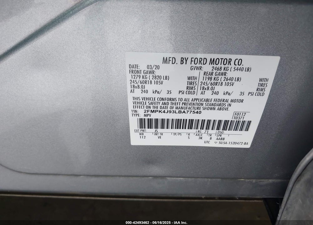 2020 FORD EDGE VIN: 2FMPK4J93LBA77540