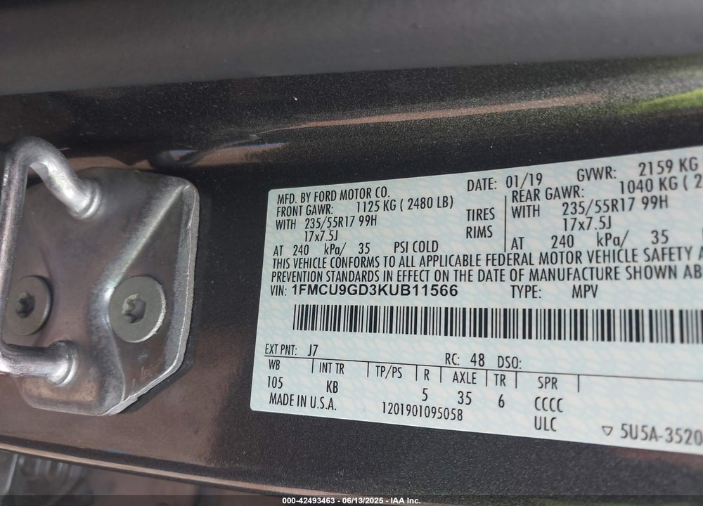 2019 FORD ESCAPE VIN: 1FMCU9GD3KUB11566