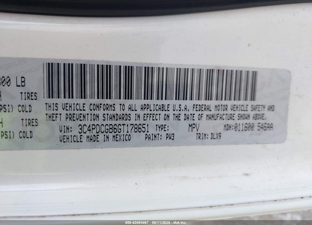 2016 DODGE JOURNEY VIN: 3C4PDCGB6GT178651