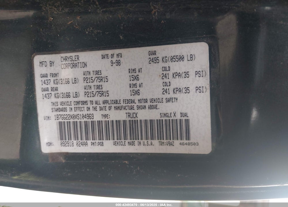 1999 DODGE DAKOTA SLT/SPORT VIN: 1B7GG22X0XS104969