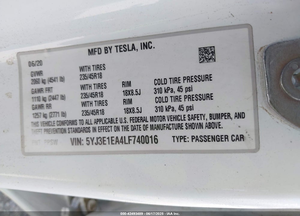 2020 TESLA MODEL 3 VIN: 5YJ3E1EA4LF740016