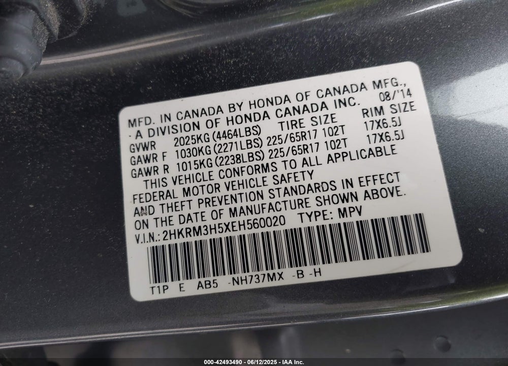 2014 HONDA CR-V VIN: 2HKRM3H5XEH560020