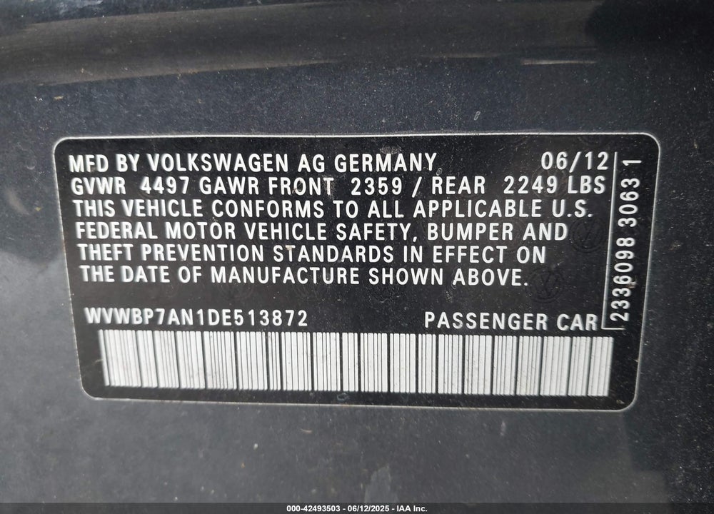 2013 VOLKSWAGEN CC VIN: WVWBP7AN1DE513872