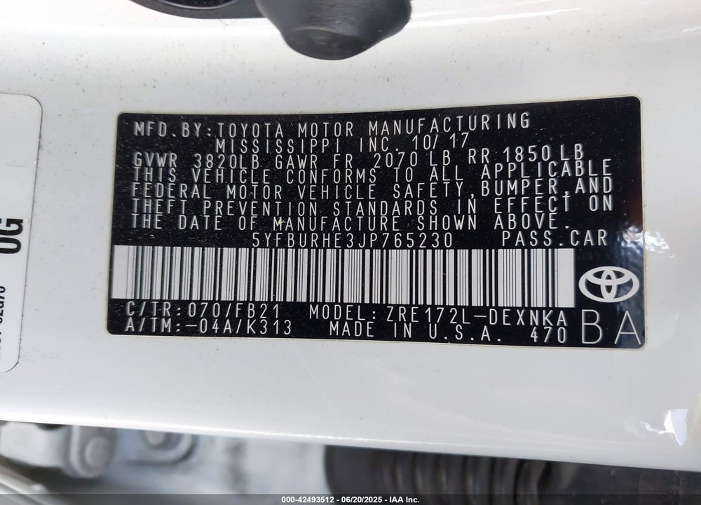 2018 TOYOTA COROLLA VIN: 5YFBURHE3JP765230