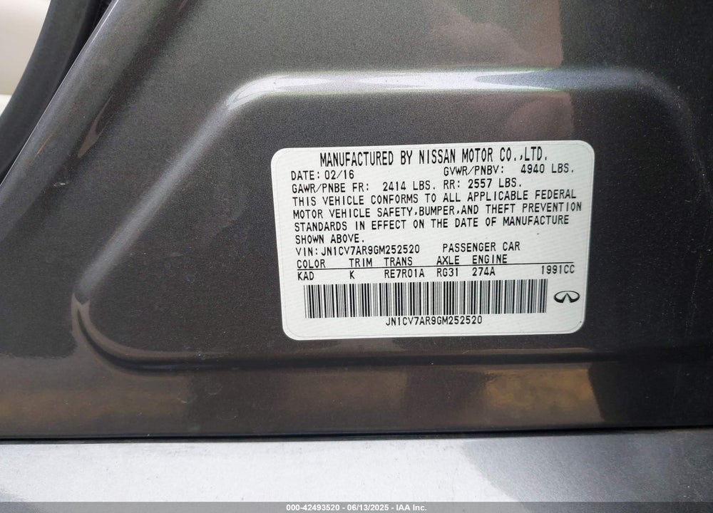 2016 INFINITI Q50 VIN: JN1CV7AR9GM252520