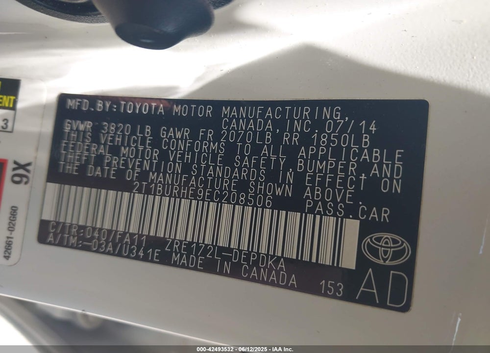2014 TOYOTA COROLLA L VIN: 2T1BURHE9EC208506