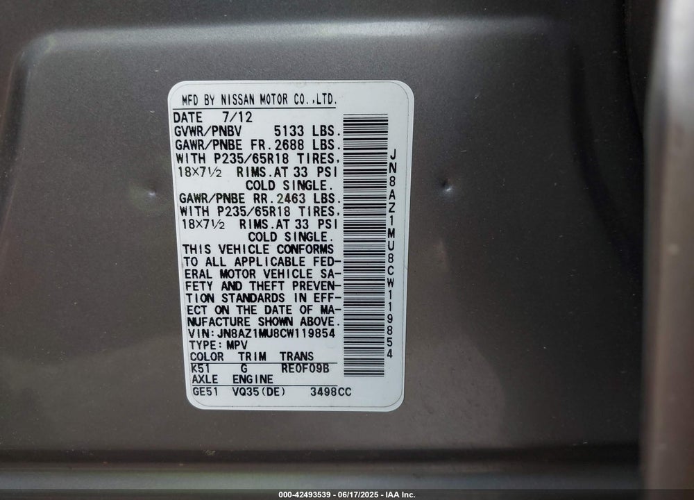 2012 NISSAN MURANO VIN: JN8AZ1MU8CW119854