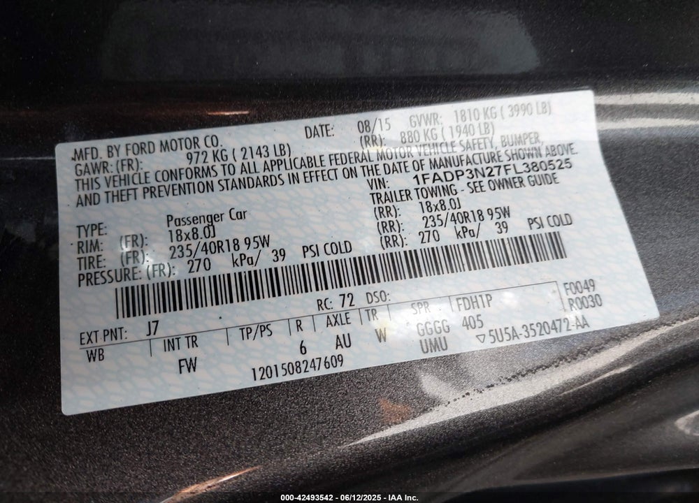 2015 FORD FOCUS TITANIUM VIN: 1FADP3N27FL380525