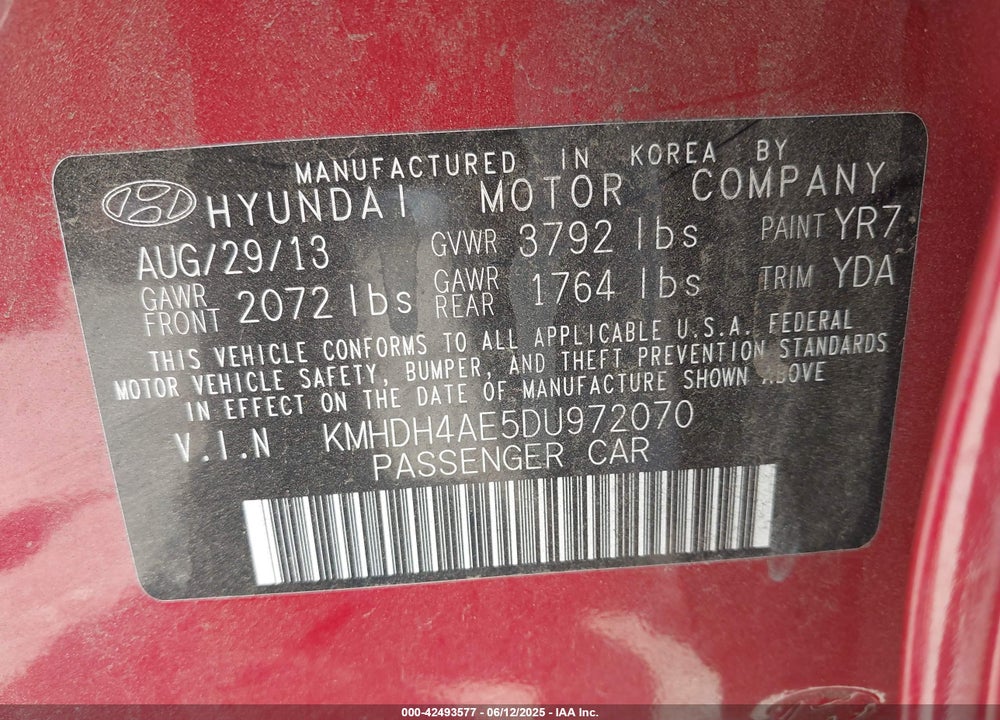 2013 HYUNDAI ELANTRA VIN: KMHDH4AE5DU972070